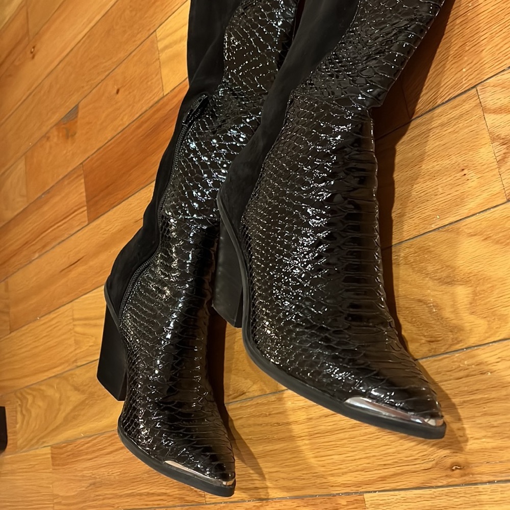 REPORT Janelle Black Patent Croc Embossed Knee High Heel Boots